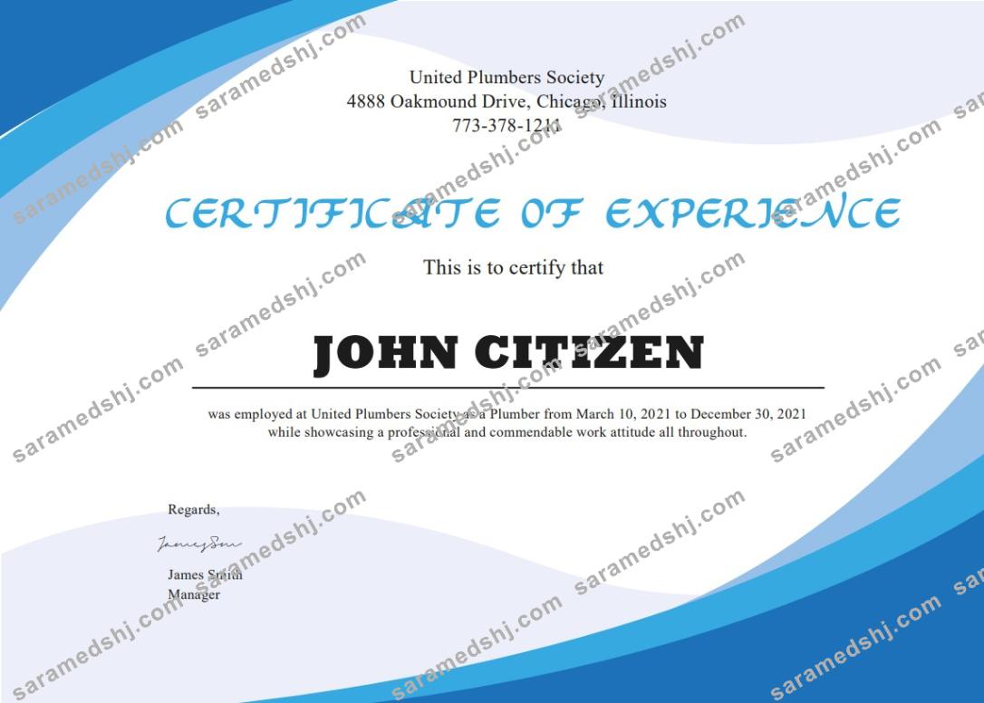 USA Plumbing Experience cert